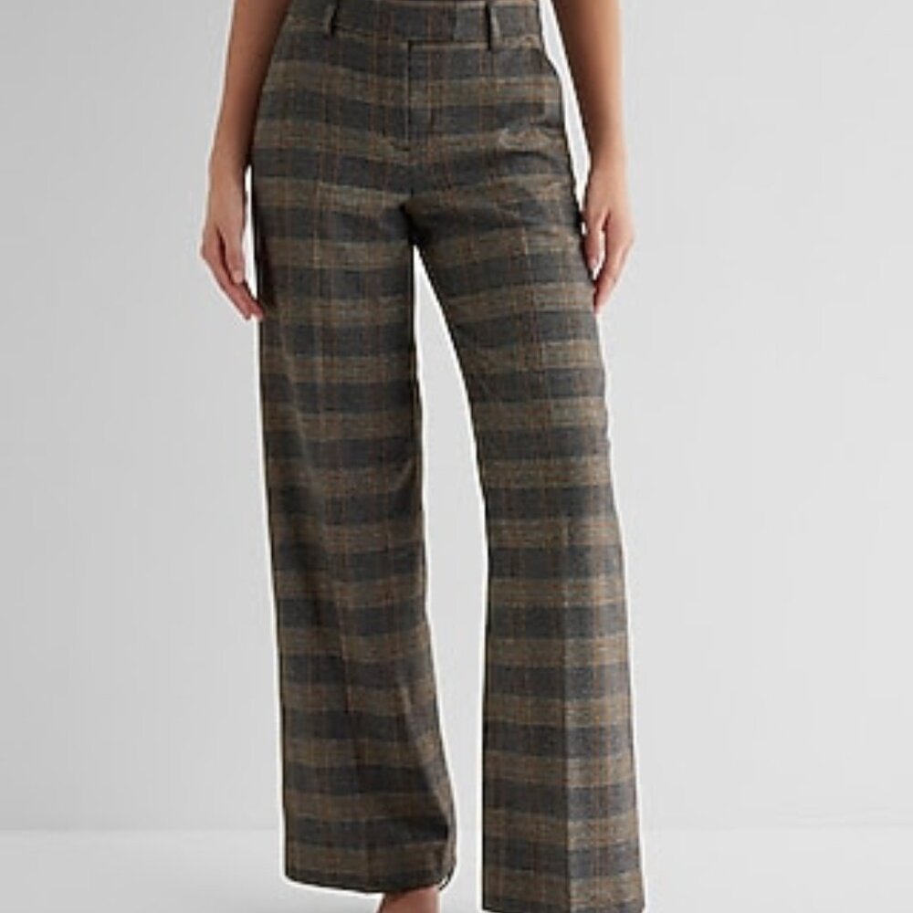 Express Checkered Wide Leg Pants - Brown and Gray